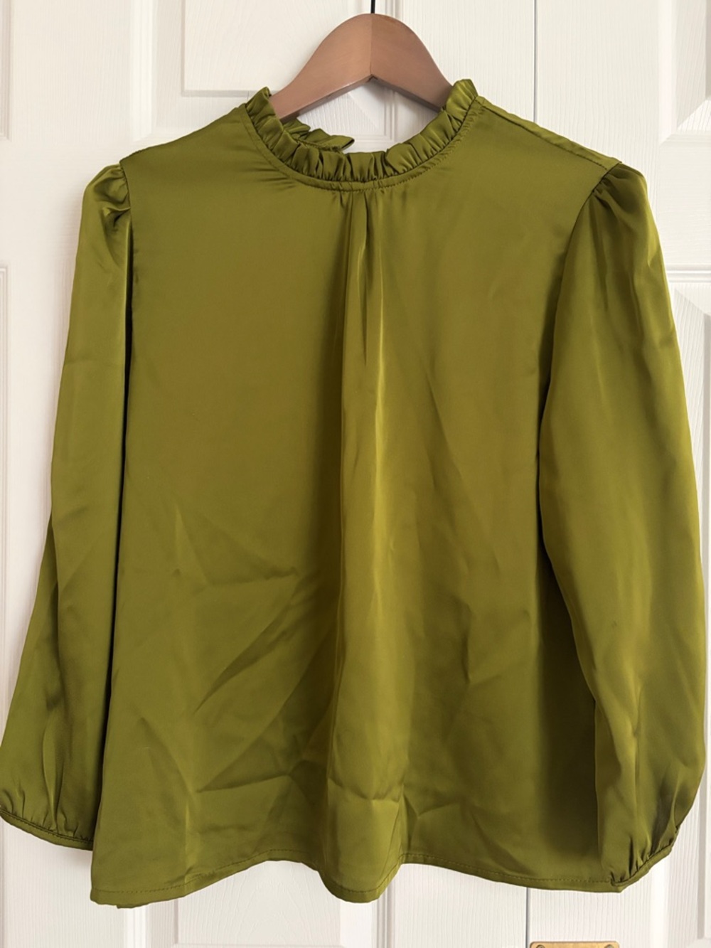 Olive Green Ruffled Neck Long-Sleeve Women’s Top